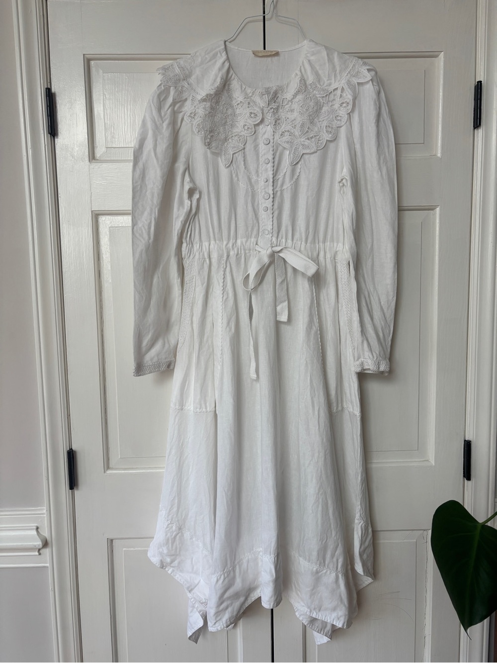 ULLA JOHNSON Fiona Midi Dress Bone White 100% Linen Size 8 Crochet Collar Tie - Picture 5 of 16